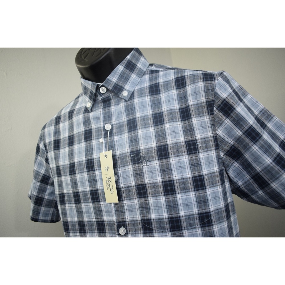 Penguin Button Up Shirt Plaid Short Sleeve Front Pocket Mens Size‎ Small NEW